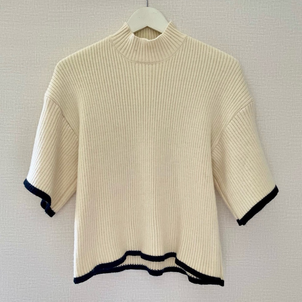 Jon & Anna Ribbed Boxy Sweater with Mock Neck, Cream with Black Trim, La… - Picture 2 of 9